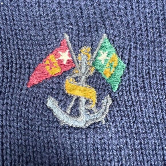 Vintage 90s Sweater L Navy Knit Sailboat Nautical Jacquard USA Made Preppy - Picture 3 of 6